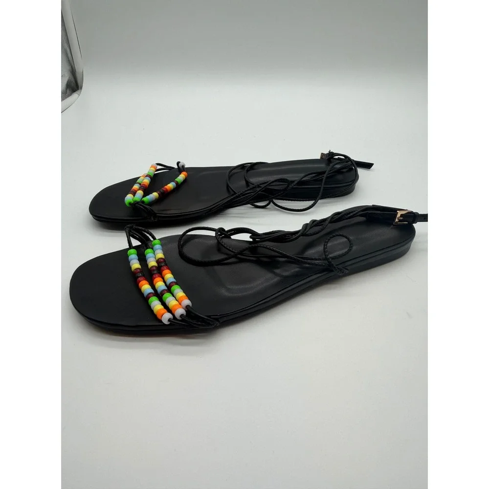 Women Black Beaded Lace Up Gladiator Sandals Flat Boho Shoes 7.5